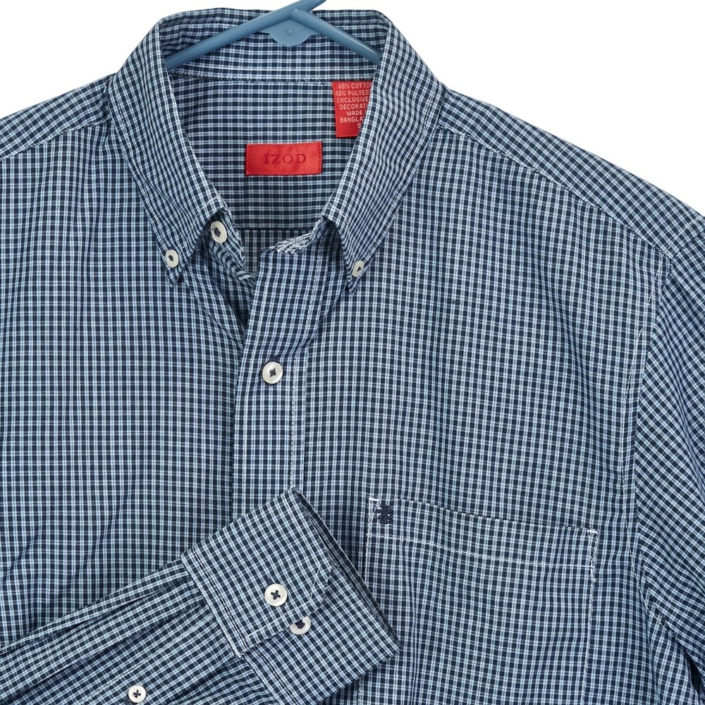 IZOD Mens Button Down Shirt Long‎ Sleeve Blue Gingham Check Size Small